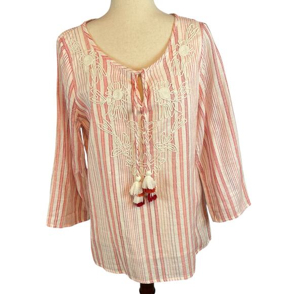 Soft Surroundings Salma Stripes Tunic Top Blouse Embroidered Tassels Medium - Picture 2 of 7